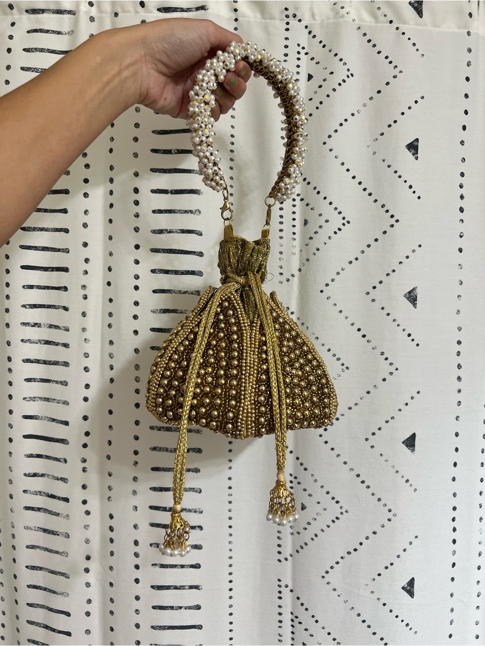 RAMLA handmade Gold Beaded Drawstring Evening Bag with Pearl Handle